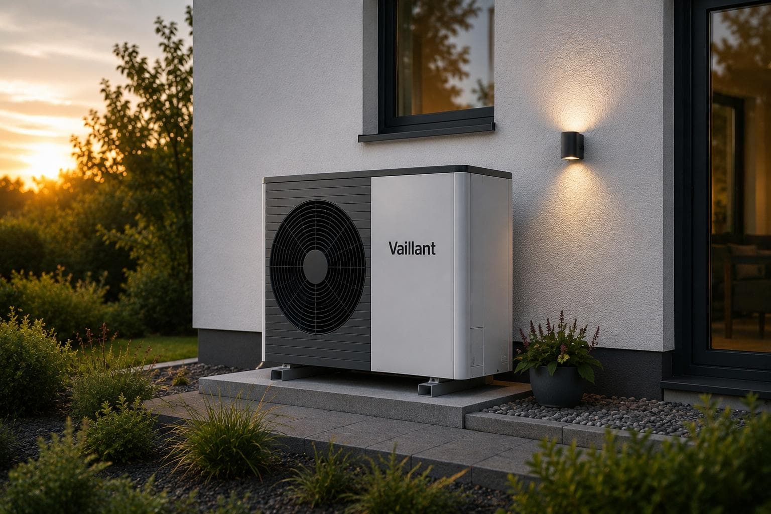 Modern heat pump beside a residential home