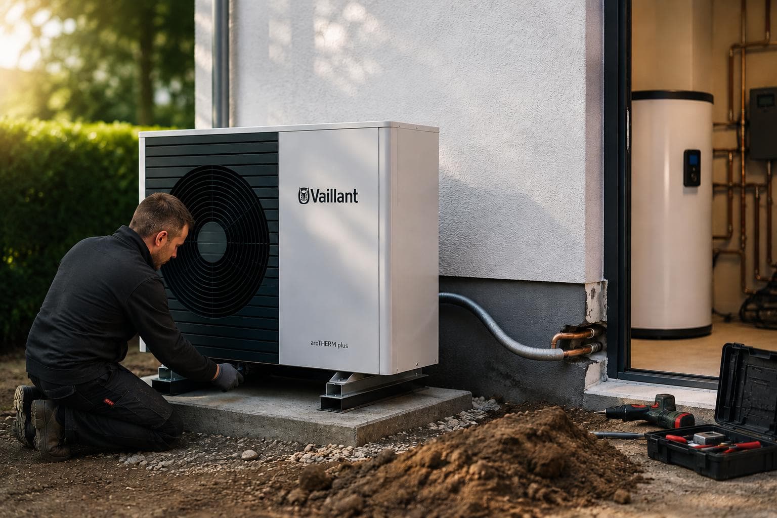 Specialist installing a heat pump at a residential home