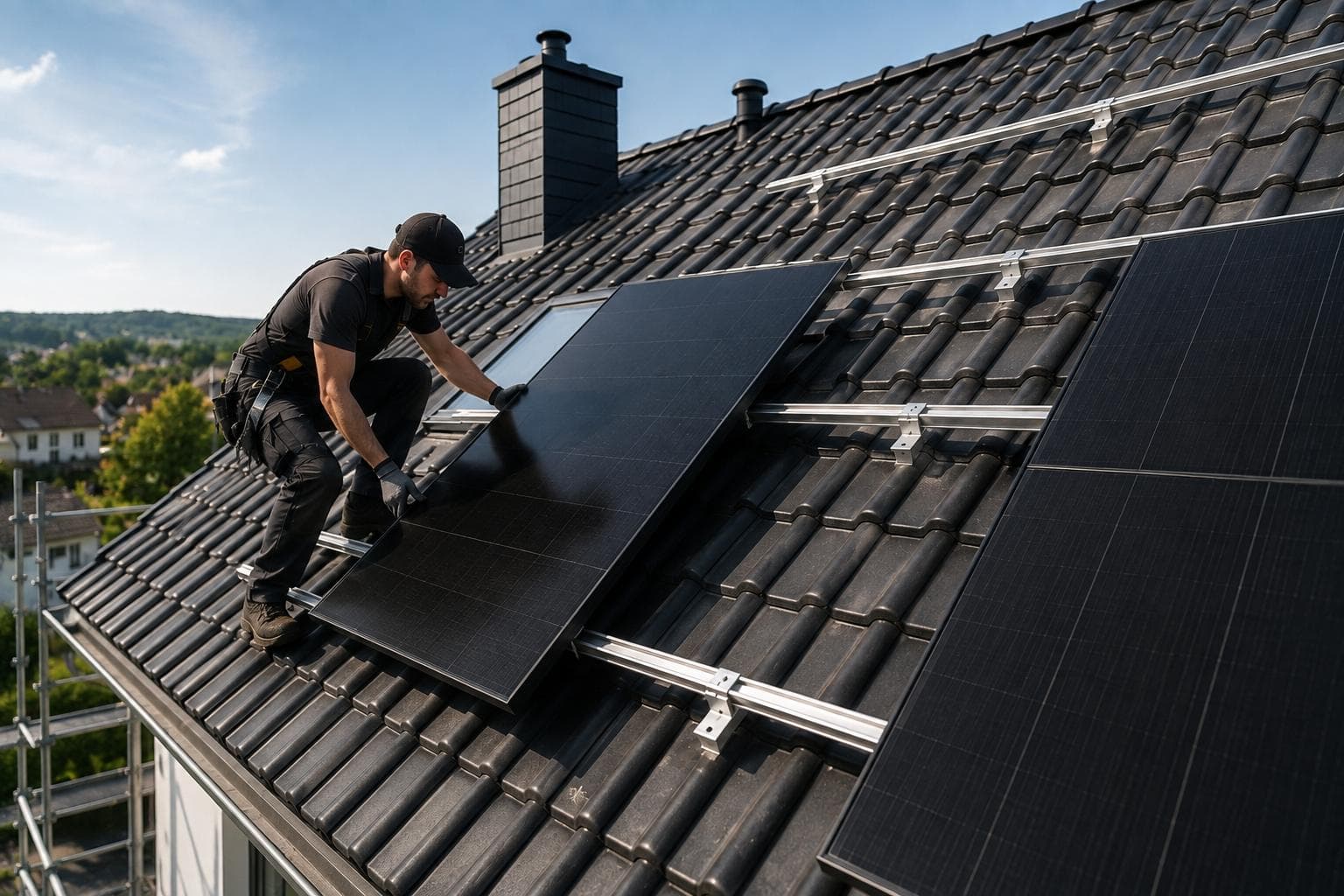 A specialist installing photovoltaic panels on a German home